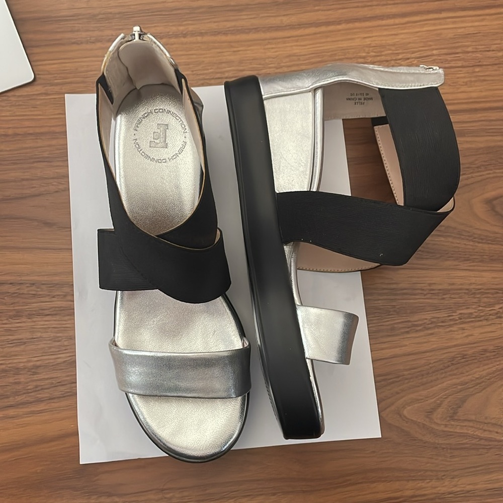 French Connection silver wedge Pelle sandals 9
